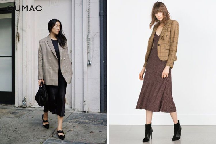 Phối blazer caro cùng váy liền dáng suông Phối blazer caro cùng váy liền dáng suông