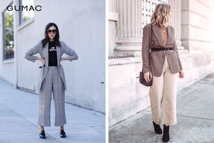 Phối blazer kẻ caro với quần ống lửng Phối blazer kẻ caro với quần ống lửng