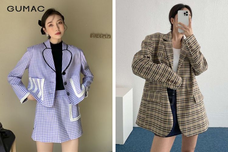 Phối blazer caro chân váy dáng ngắn Phối blazer caro chân váy dáng ngắn
