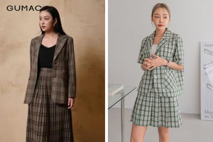 Phối đồ với blazer caro cùng chân váy xếp ly Phối đồ với blazer caro cùng chân váy xếp ly