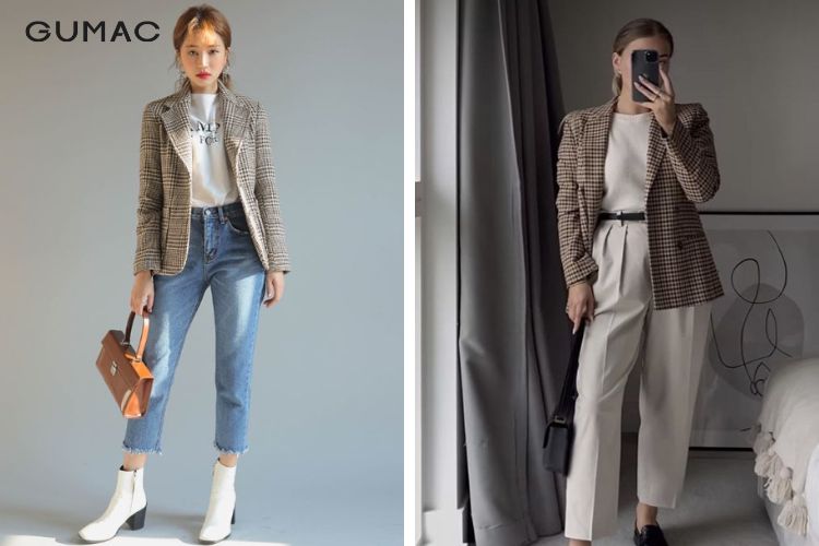 Phối quần baggy với blazer caro trẻ trung Phối quần baggy với blazer caro trẻ trung