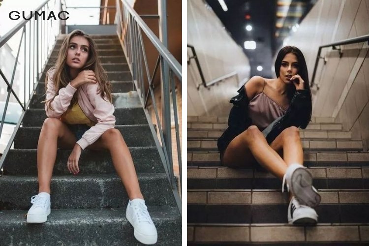 Tạo dáng chụp ảnh ngồi ở cầu thang Tạo dáng chụp ảnh ngồi ở cầu thang