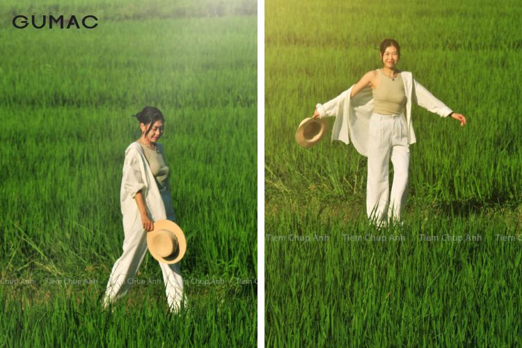 Áo sơ mi trắng với quần jean chụp hình cánh đồng lúa Áo sơ mi trắng với quần jean chụp hình cánh đồng lúa