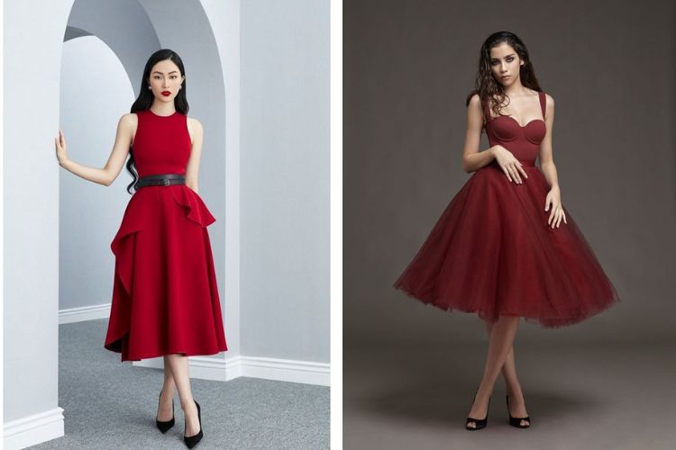 phối đầm đỏ với giày đen phối đầm đỏ với giày đen