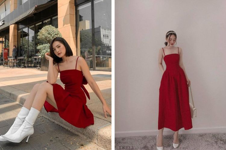 Kết hợp đầm đỏ với giày trắng Kết hợp đầm đỏ với giày trắng