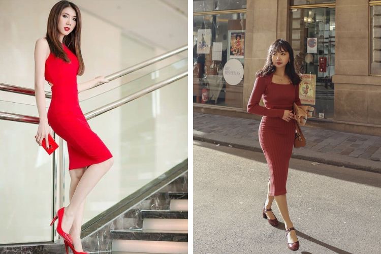 Phối màu giày tone sur tone cùng đầm đỏ Phối màu giày tone sur tone cùng đầm đỏ