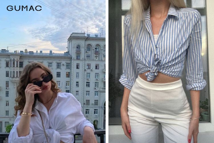 Cột tà sơ mi tạo thành croptop phối với áo thun nữ Cột tà sơ mi tạo thành croptop phối với áo thun nữ