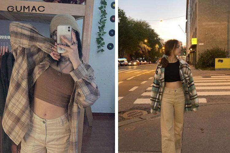 Phối áo sơ mi với áo thun nữ croptop Phối áo sơ mi với áo thun nữ croptop