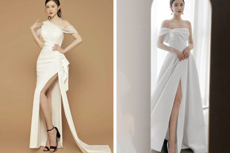 Mẫu đầm dạ hội xẻ vạt trễ vai Mẫu đầm dạ hội xẻ vạt trễ vai