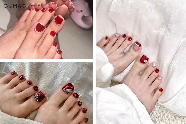 mau nail chan dinh da mau do
