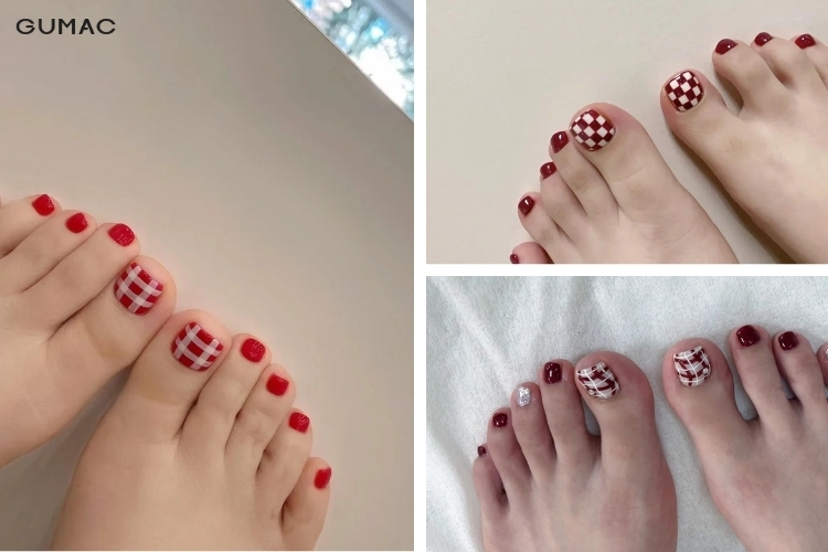 mau nail chan do hoa tiet caro