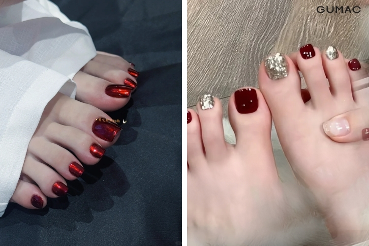 mau nail chan do trang guong