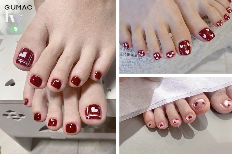 mau nail chan do ve hoa tiet trai tim