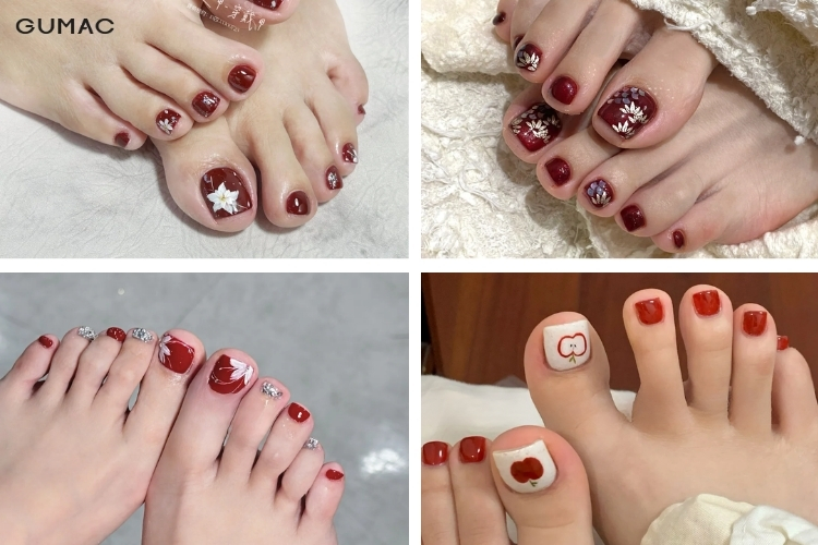 nhung mau nail chan do ve hoa tiet dep sang chanh