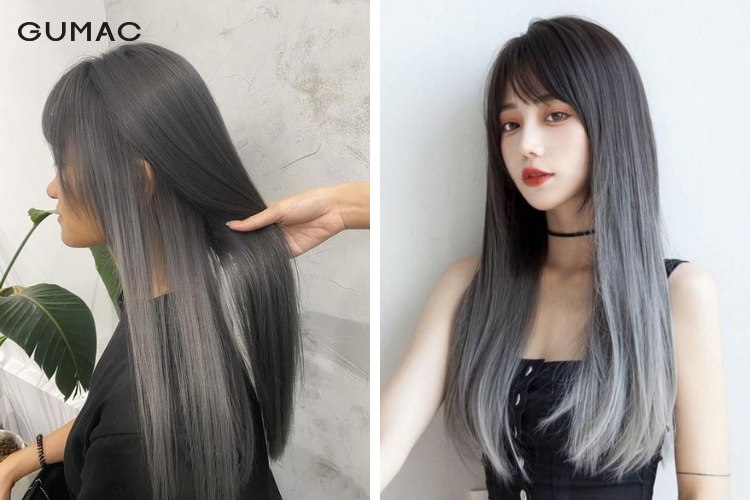 Tóc duỗi thẳng nhuộm màu xám khói Tóc duỗi thẳng nhuộm màu xám khói