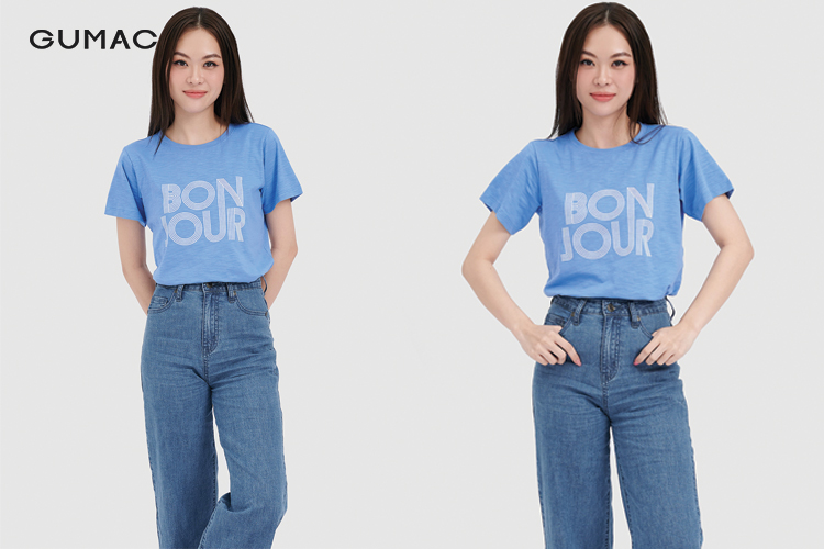 Kết hợp quần jean xanh với áo thun trẻ trung Kết hợp quần jean xanh với áo thun trẻ trung