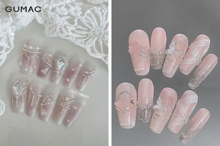 Móng tay giả đính đá màu nude tinh tế Móng tay giả đính đá màu nude tinh tế