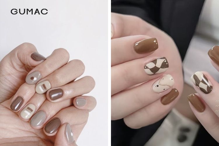 Mẫu nail màu nâu pastel phối màu ấn tượng Mẫu nail màu nâu pastel phối màu ấn tượng