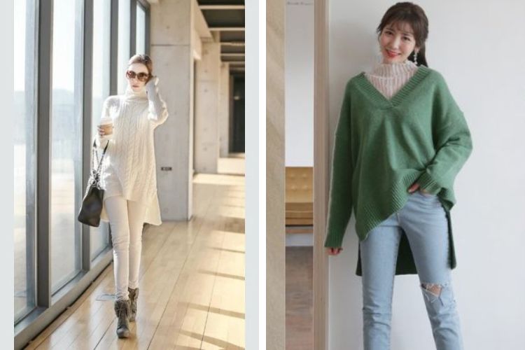 Kiểu áo len dài cách điệu vạt trước sau Kiểu áo len dài cách điệu vạt trước sau