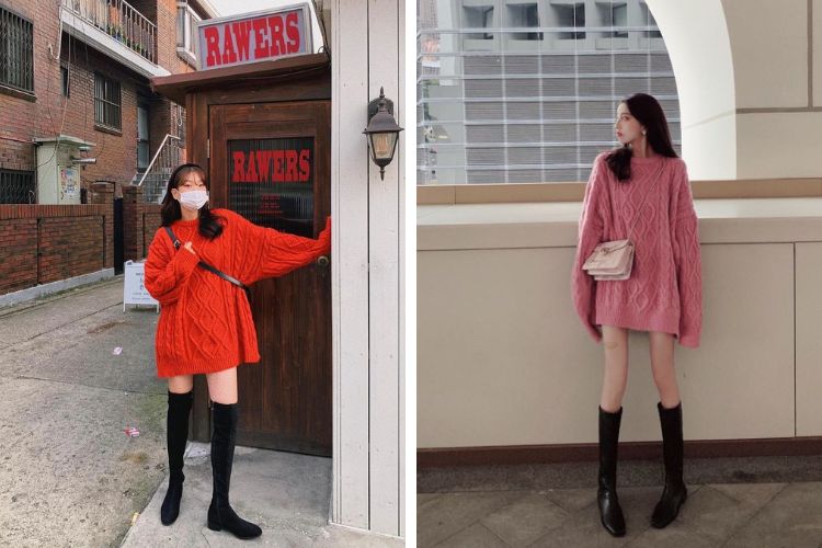 Phối đồ với áo len dài theo style giấu quần Phối đồ với áo len dài theo style giấu quần