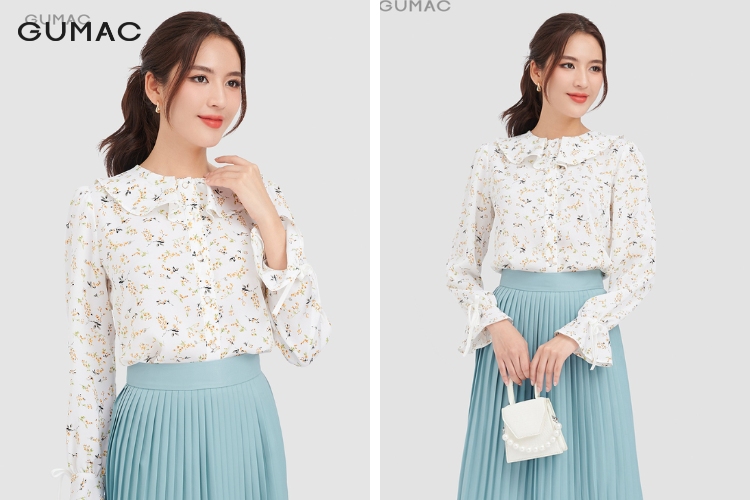 Đa dạng hơn về phong cách đi tiệc cho nữ với kiểu áo sơ mi xếp ly viền bèo ao so mi di tiec cho nu