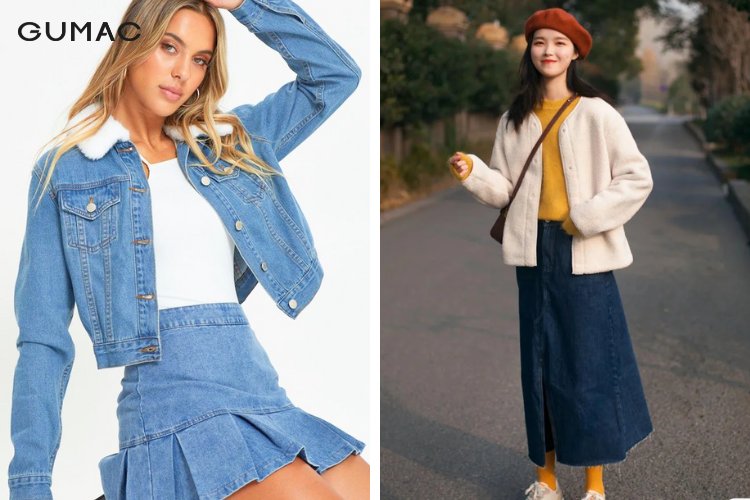 Mix chân váy jean cùng áo khoác nữ bằng lông Mix chân váy jean cùng áo khoác nữ bằng lông