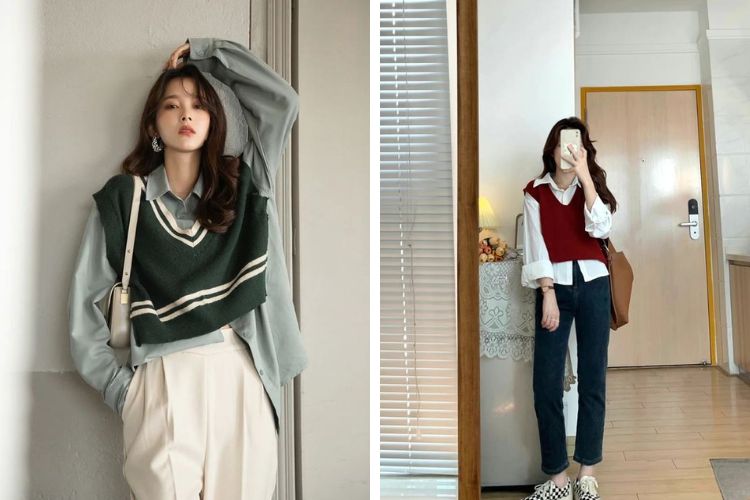 Áo sơ mi phối với áo gile mix quần ống rộng Áo sơ mi phối với áo gile mix quần ống rộng