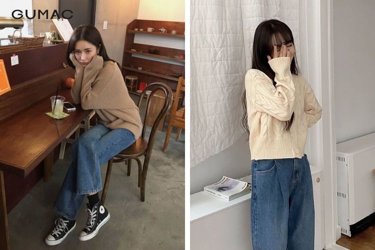 Mix quần jean và áo len Mix quần jean và áo len