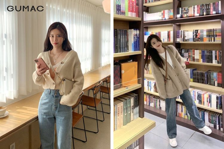 Mix quần jeans cùng áo cardigan Mix quần jeans cùng áo cardigan