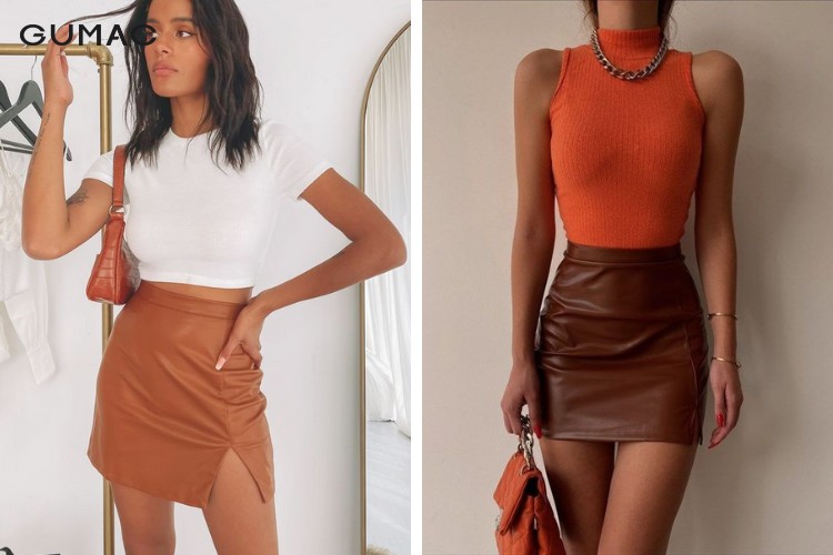 Phối áo croptop tay ngắn và chân váy da sang trọng Phối áo croptop tay ngắn và chân váy da sang trọng