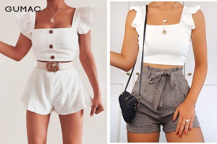 Diện áo croptop tay ngắn với quần short năng động Diện áo croptop tay ngắn với quần short năng động