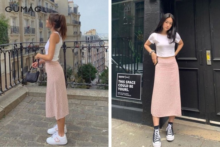 Phối áo croptop tay ngắn cùng chân váy midi Hàn Quốc Phối áo croptop tay ngắn cùng chân váy midi Hàn Quốc