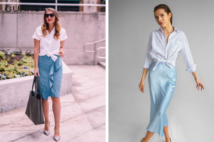 Chân váy bút chì kiểu áo sơ mi buộc vạt mix với chân váy bút chì thanh lịch
