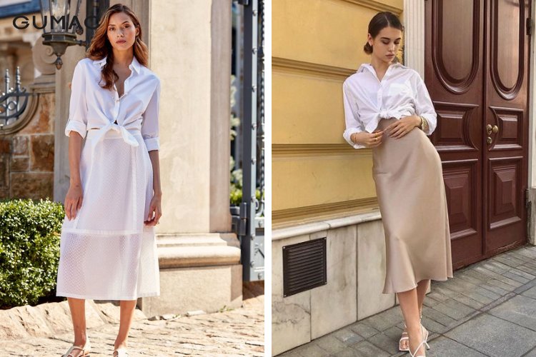 Chân váy midi áo sơ mi buộc vạt phối với chân váy midi