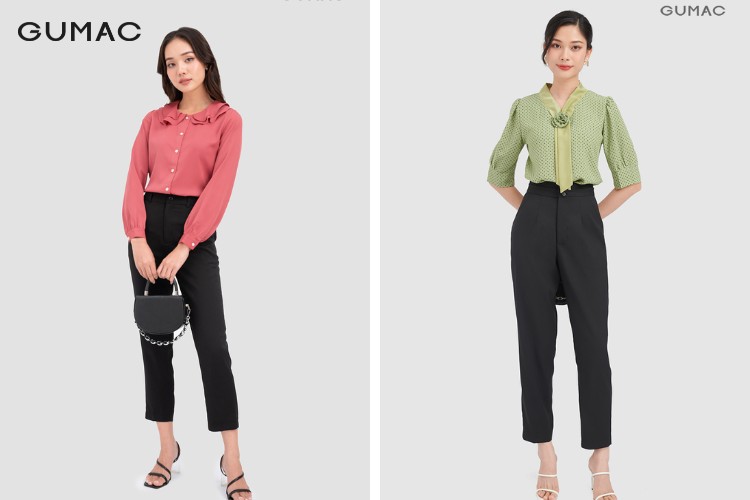 Mix áo sơ mi cổ bèo cùng quần tây thời trang phối áo sơ mi cổ bèo nữ đẹp với quần tây