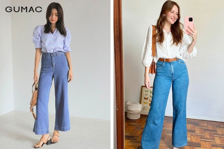 Phối áo sơ mi cổ bèo trẻ trung phối áo sơ mi cổ bèo với quần jean ống rộng