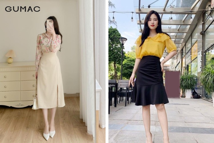 Phối áo sơ cổ bèo và chân váy maxi dáng dài áo sơ mi cổ bèo phối váy midi