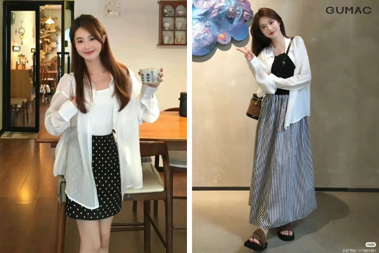 Áo sơ mi mỏng phối chân váy chữ A xinh xắn ao so mi mong phoi chan vay chu a xinh xan