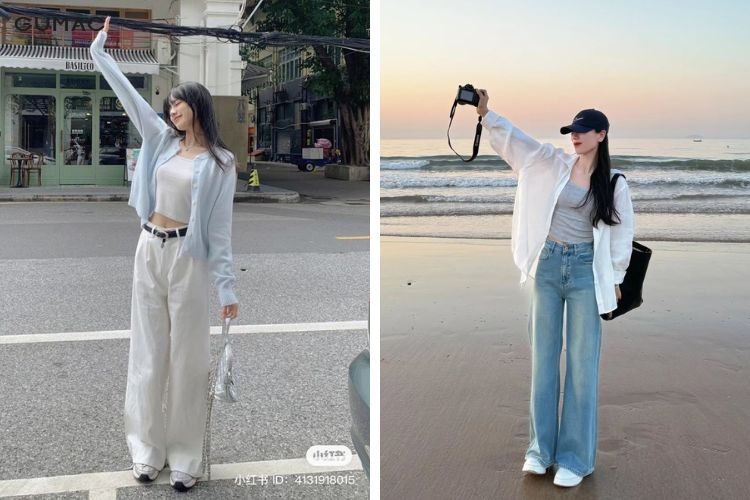 Phối áo sơ mi mỏng cùng quần jean baggy cá tính phoi ao so mi mong cung quan jean baggy ca tinh