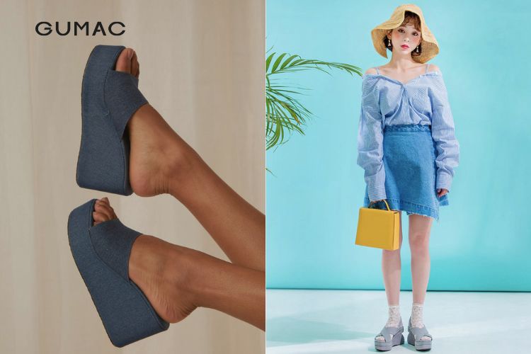 Chân váy ngắn áo trễ vai mix dép đế xuồng Chân váy ngắn áo trễ vai mix dép đế xuồng