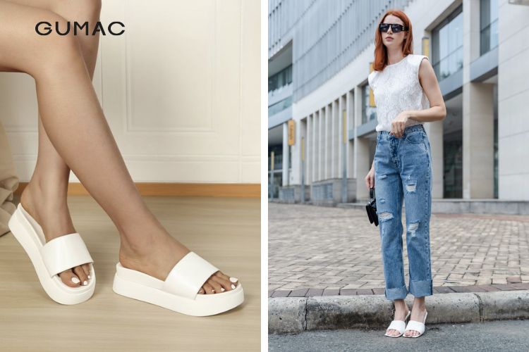 Mix quần jean rách gối áo thun với dép đế xuồng Mix quần jean rách gối áo thun với dép đế xuồng
