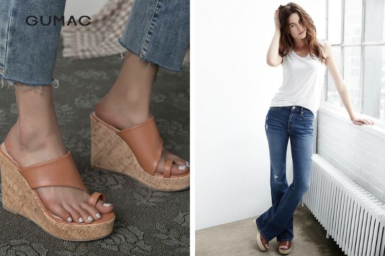 Phối quần jean ống loe cùng dép đế xuồng Phối quần jean ống loe cùng dép đế xuồng