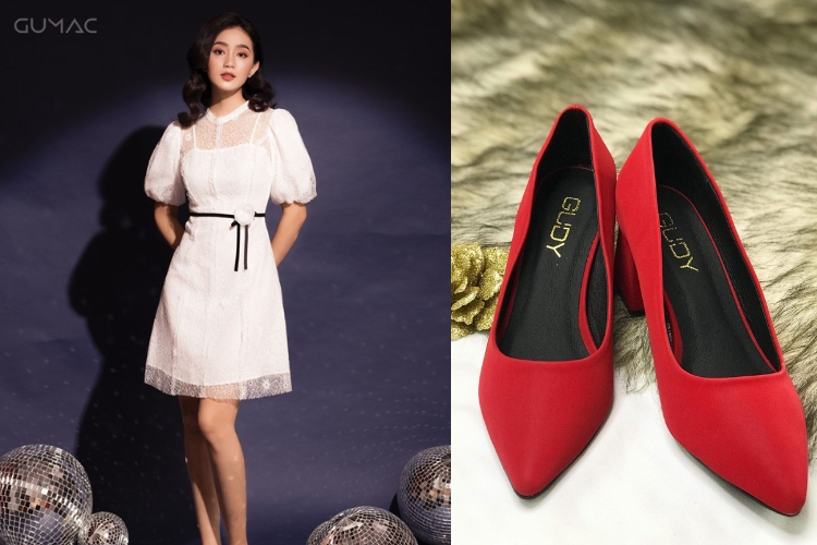Outfit giày đỏ và đầm trắng Outfit giày đỏ và đầm trắng