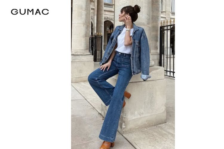 Phối áo khoác Denim cá tính cùng quần jean ống suông Phối áo khoác Denim cá tính cùng quần jean ống suông