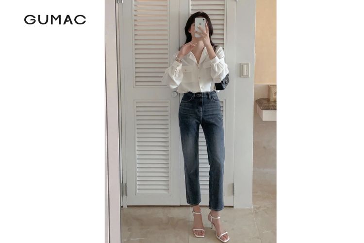 Quần jean ống đứng phối cùng áo sơ mi thanh lịch Quần jean ống đứng phối cùng áo sơ mi thanh lịch