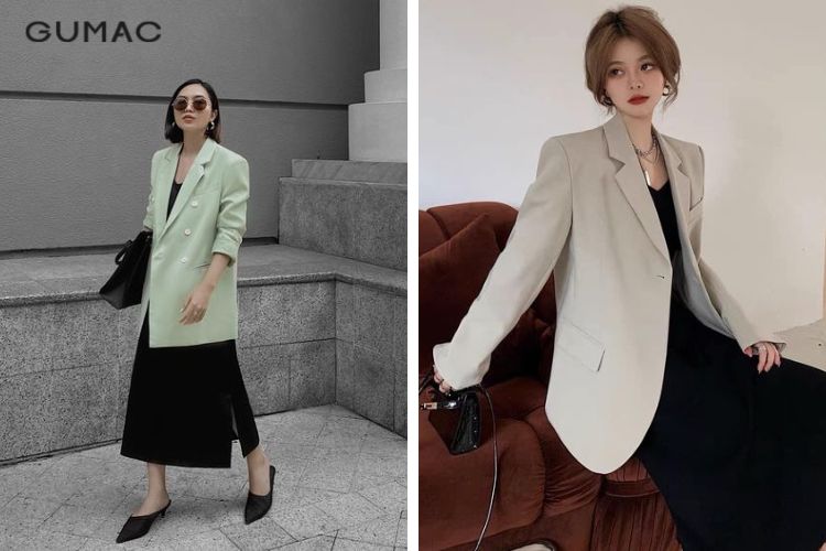 Túi đeo chéo + Blazer + Đầm suông Túi đeo chéo + Blazer + Đầm suông