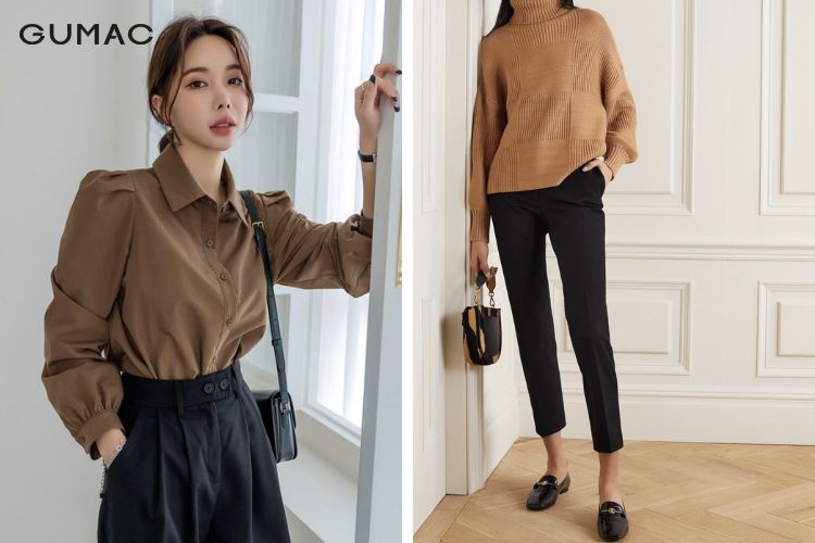 Áo nâu phối quần đen Áo nâu phối quần đen