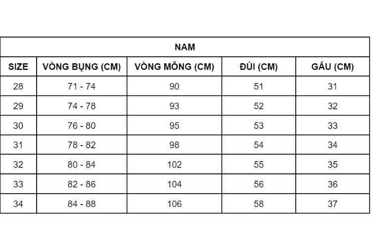 Bảng size quần jean nam Bảng size quần jean nam