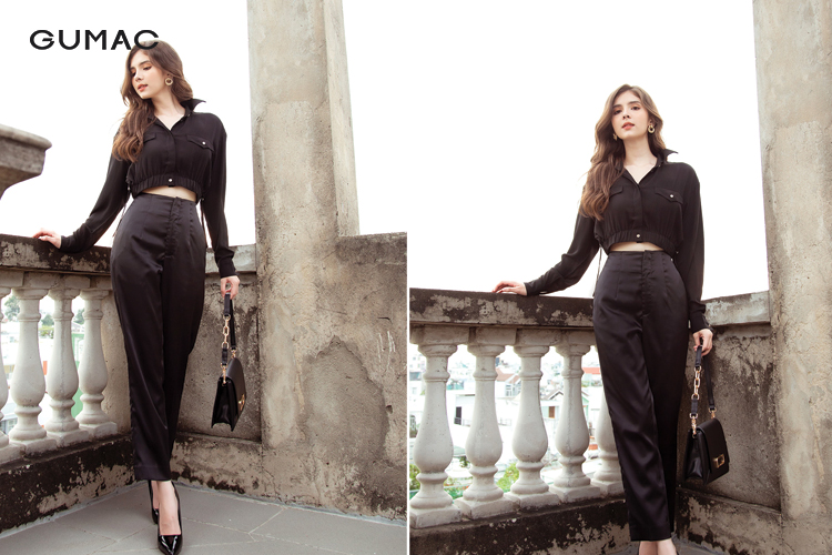Áo croptop mix quần ống rộng Áo croptop mix quần ống rộng