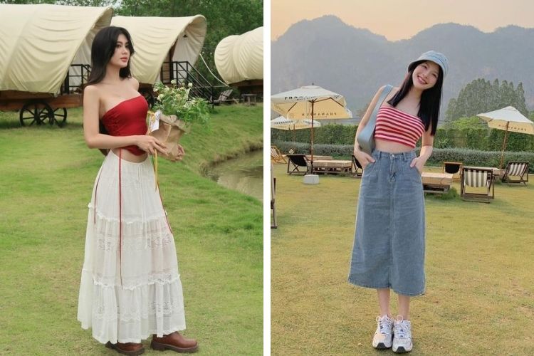 Áo quây phối với chân váy